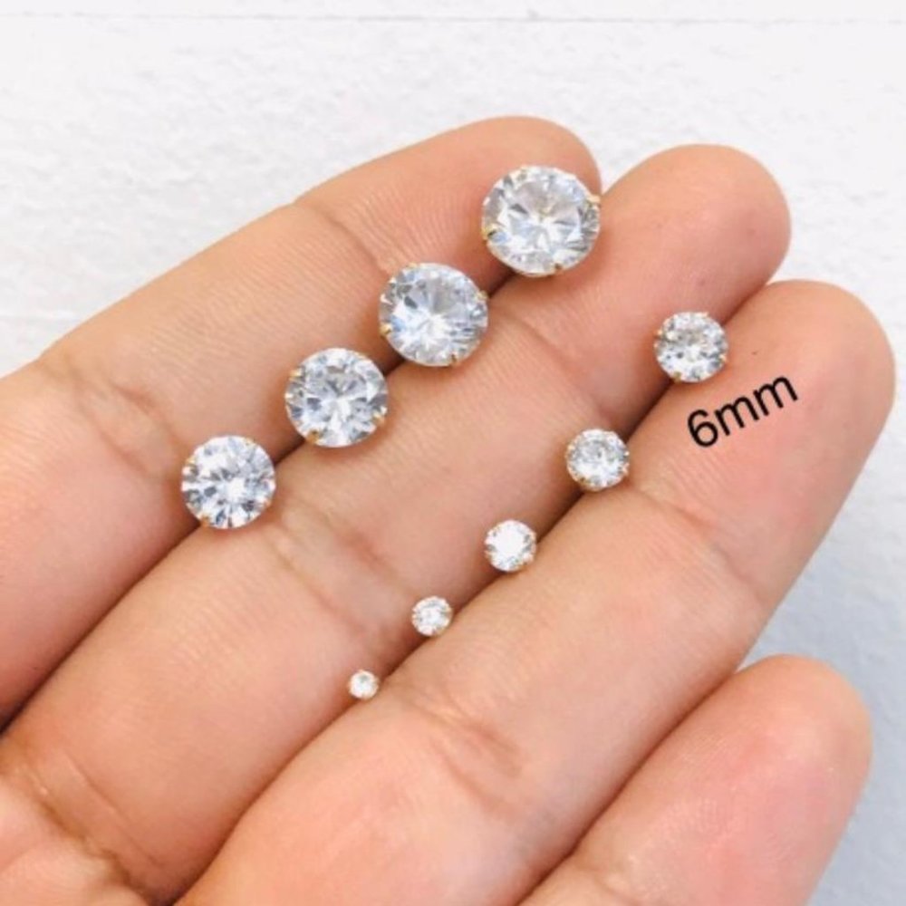 CZ Stud Earrings Solid Gold 10K For Mens Womens/Aretes Oro Real Mujer Hombre 6mm